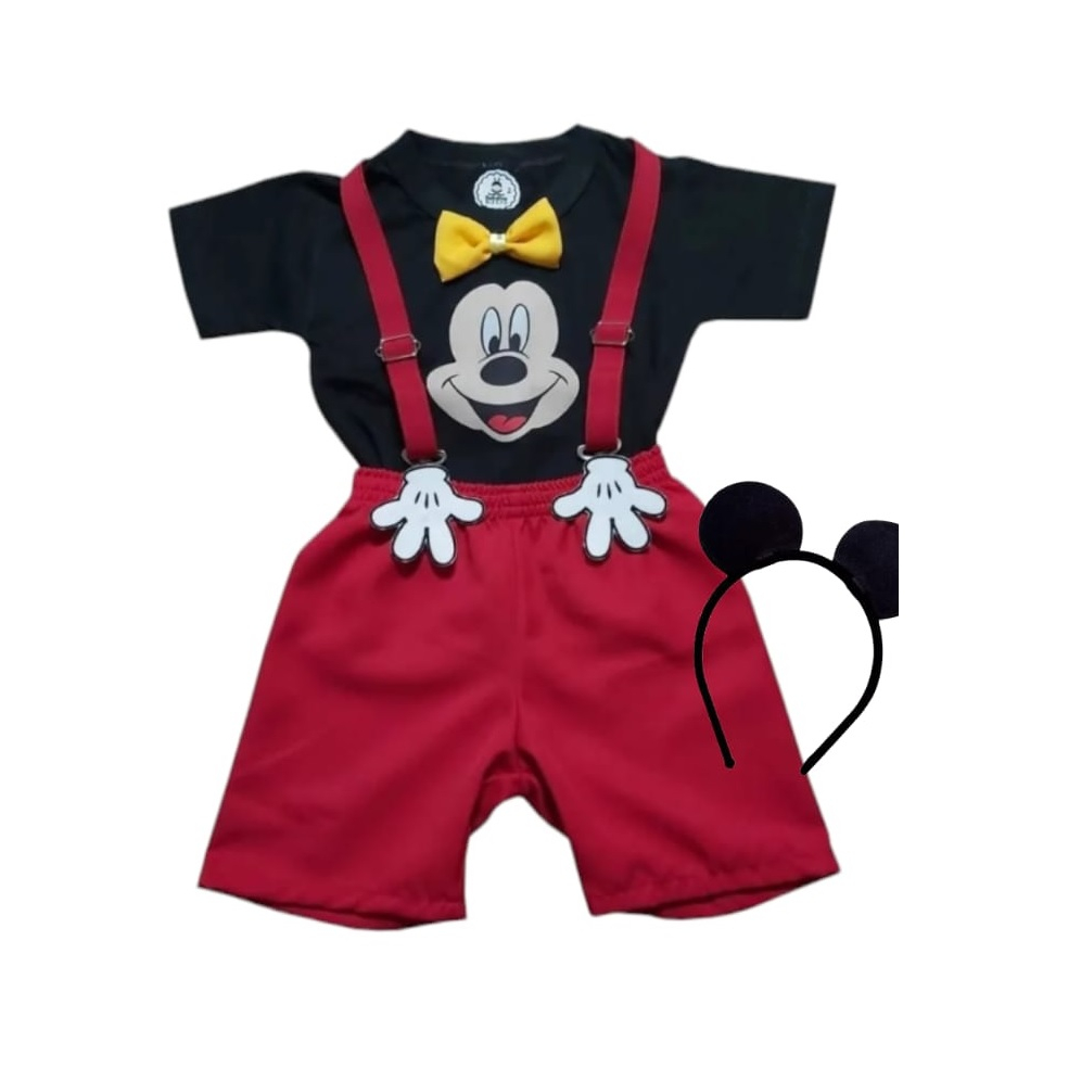Fantasia Mickey Infantil Meninos Roupa Aniversário Festa Criança Conjunto Temático Camiseta, Shorts, Suspensório + Tiara