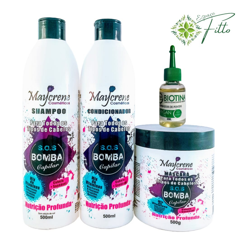 Kit de Tratamento SOS Bomba Capilar Maycrene - Shampoo + condicionador+ mascara + oleo reparador de pontas biotina 30 ml