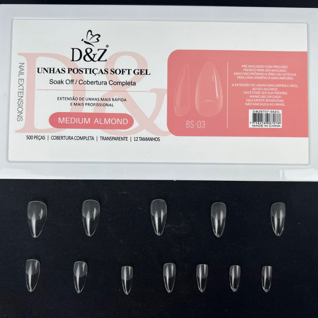 Unhas postiças Soft Gel D&Z com 500 unidades Bailaria Almond e Quadrada