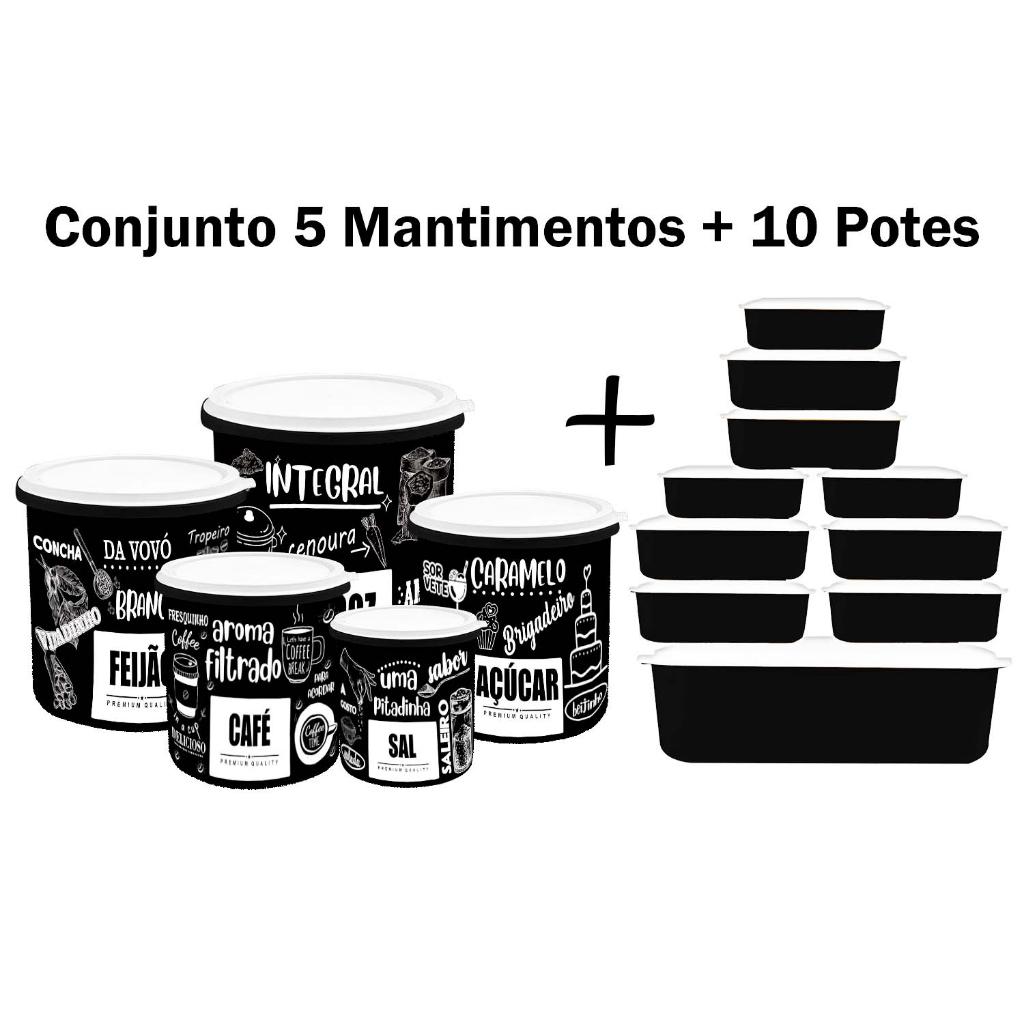Kit Potes de Mantimentos + Conjunto com 10 Potes Herméticos para Cozinha - PB Frases
