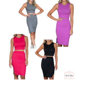 Kit Cropped Regata e Saia Midi com Fenda Lateral Canelado Várias Cores