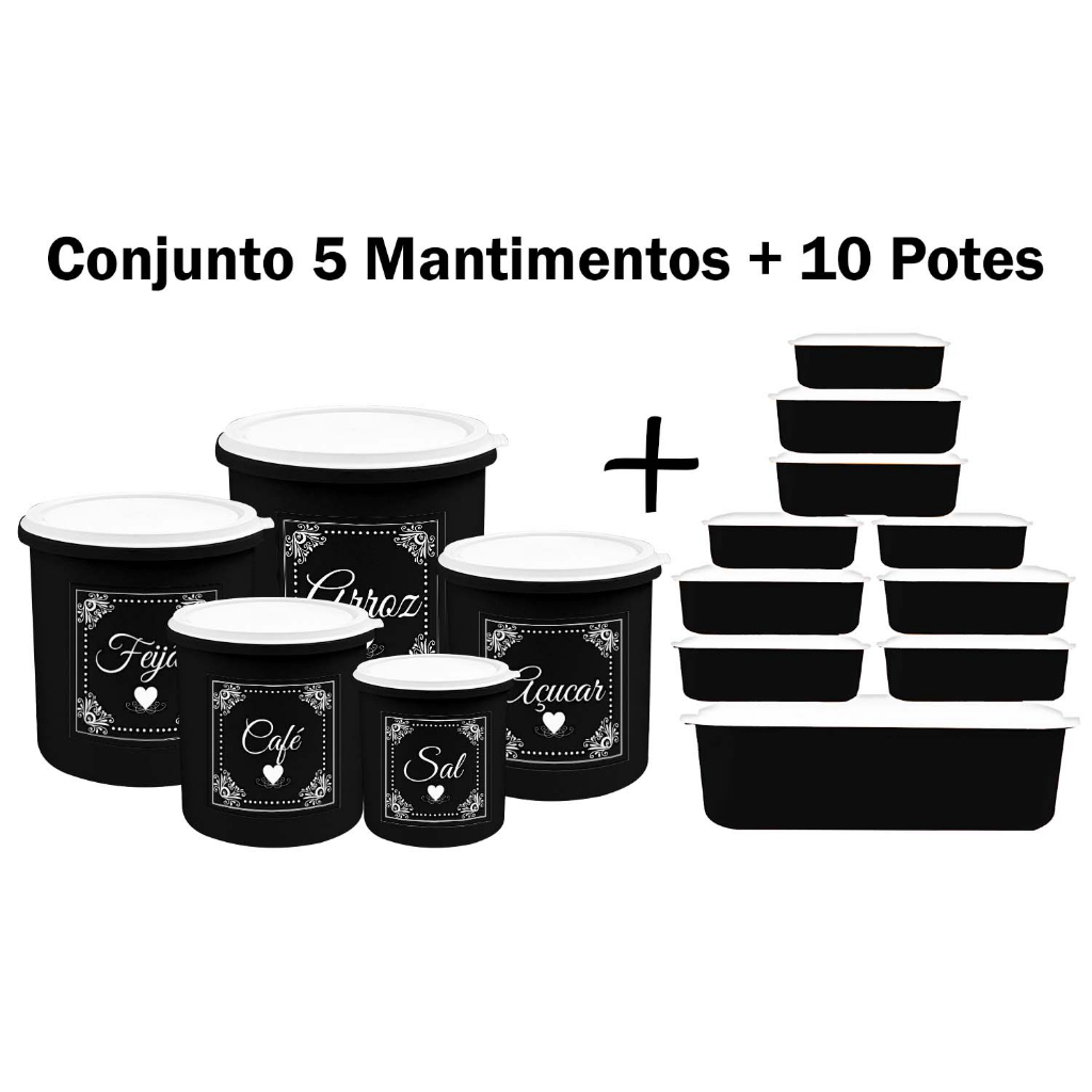 Kit Potes de Mantimentos + Conjunto com 10 Potes Herméticos para Cozinha - Linha Coração