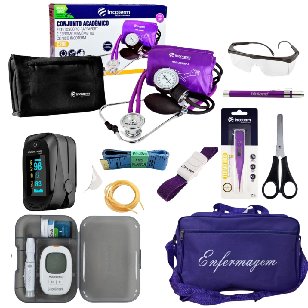 KIT ENFERMAGEM ROXO INCOTERM COM OXIMETRO GLICOSE MEDIDOR DE PRESSÃO E ESTETOSCÓPIO