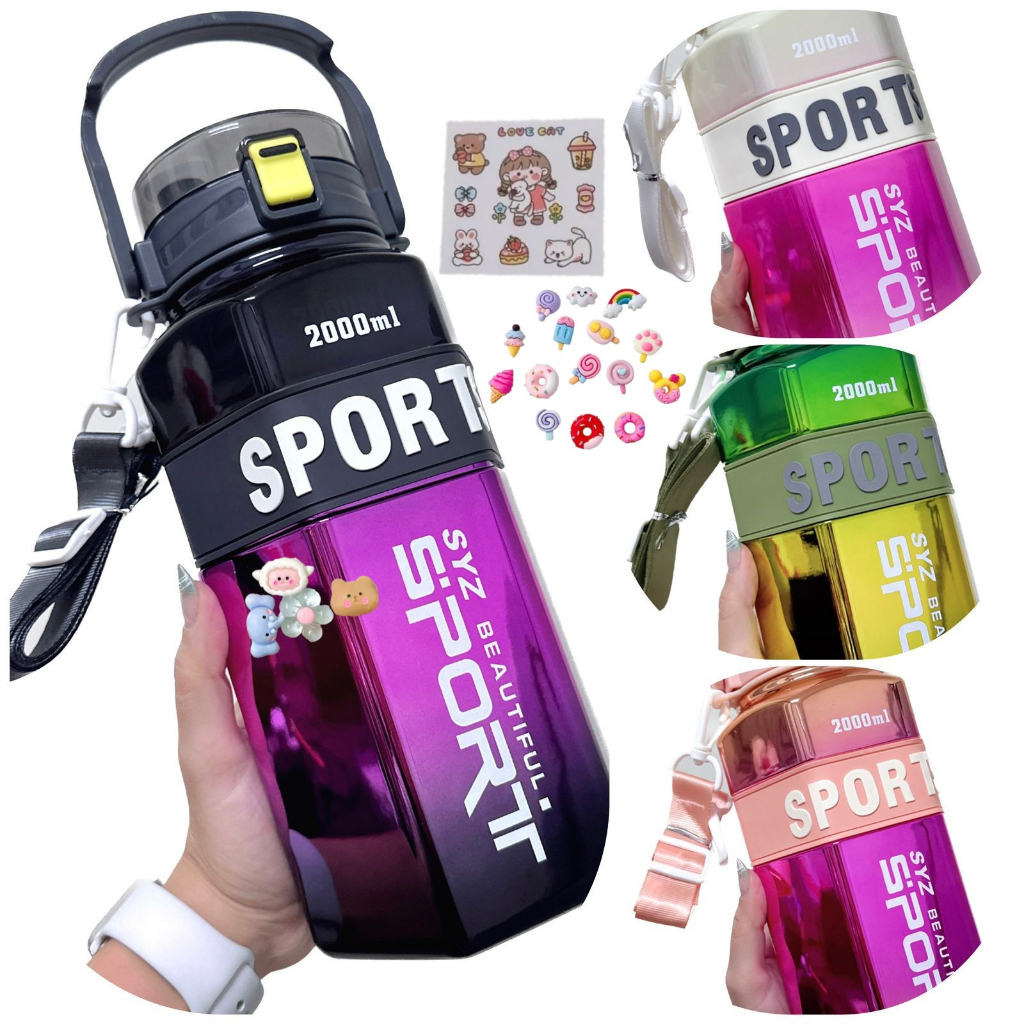 Garrafa de Agua Metalizada Grande 2 Litros, 700ml ou 260ml Com Adesivos, Canudo e Frases Motivacionais - GA11