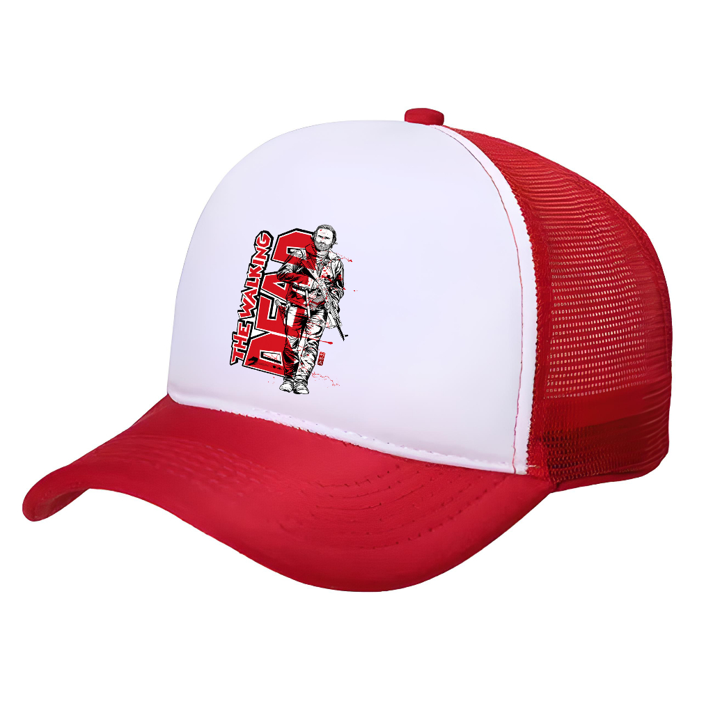 Boné Trucker Telado Vermelho e Branco Série The Walking Dead
