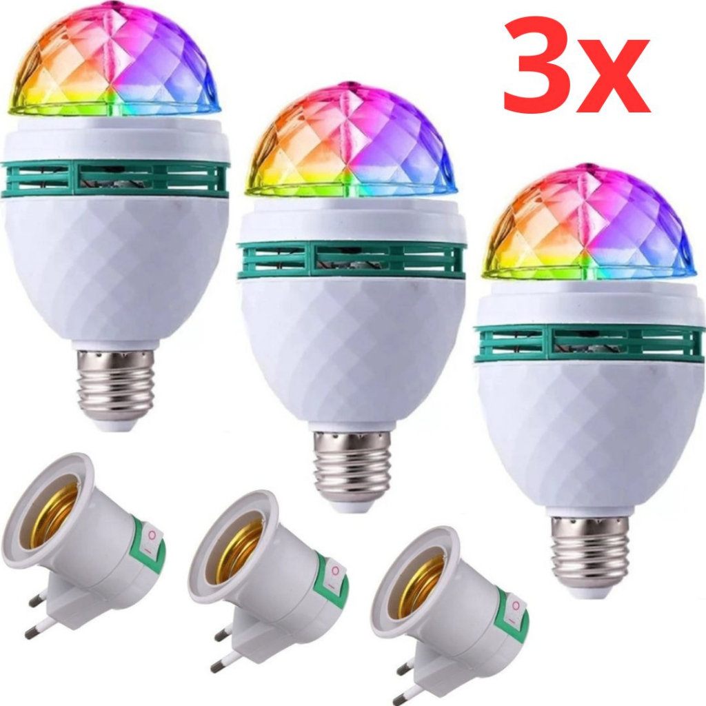 Kit 3 Lâmpadas Giratória Luz Led Bulbo Globo Rotativo Colorido Festa Balada Iluminação