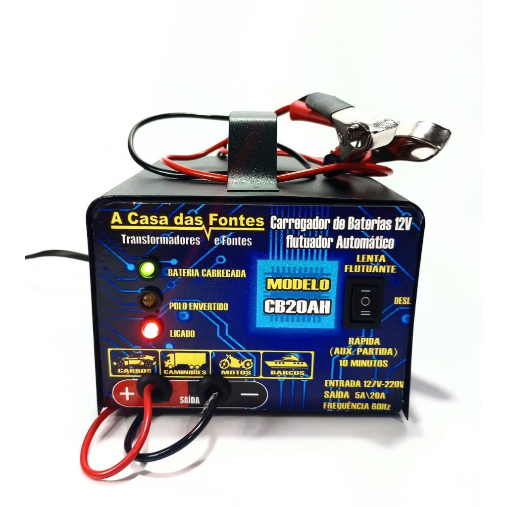 Carregador de bateria 12V 20ah carro,moto,barco e Jet Sky. em Oferta na Shopee