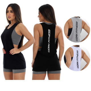 Camiseta Regata Cavada Long Estampada Costas Blusa Feminina Academia