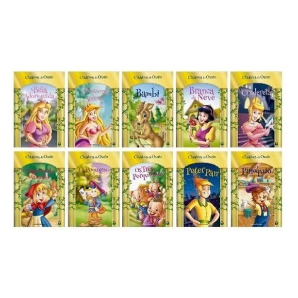 Kit Livro Infantil Historias Clássicos De Ouro 10 Histórias Cinderela, Peter Pan, Branca De Neve, Pinóquio, Ilustradas