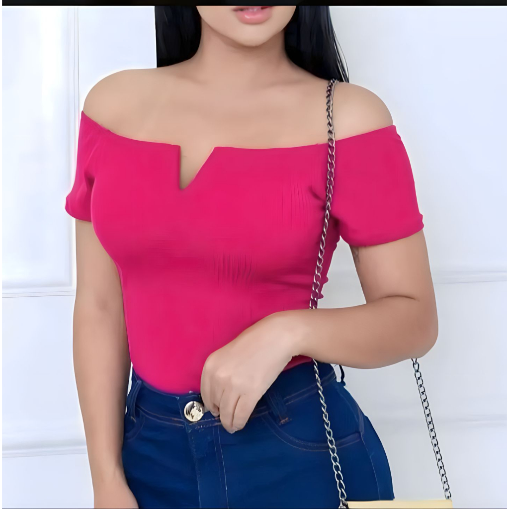 Blusinha Body Ciganinha Detalhe Em V Elegante na cor Pink Barbie