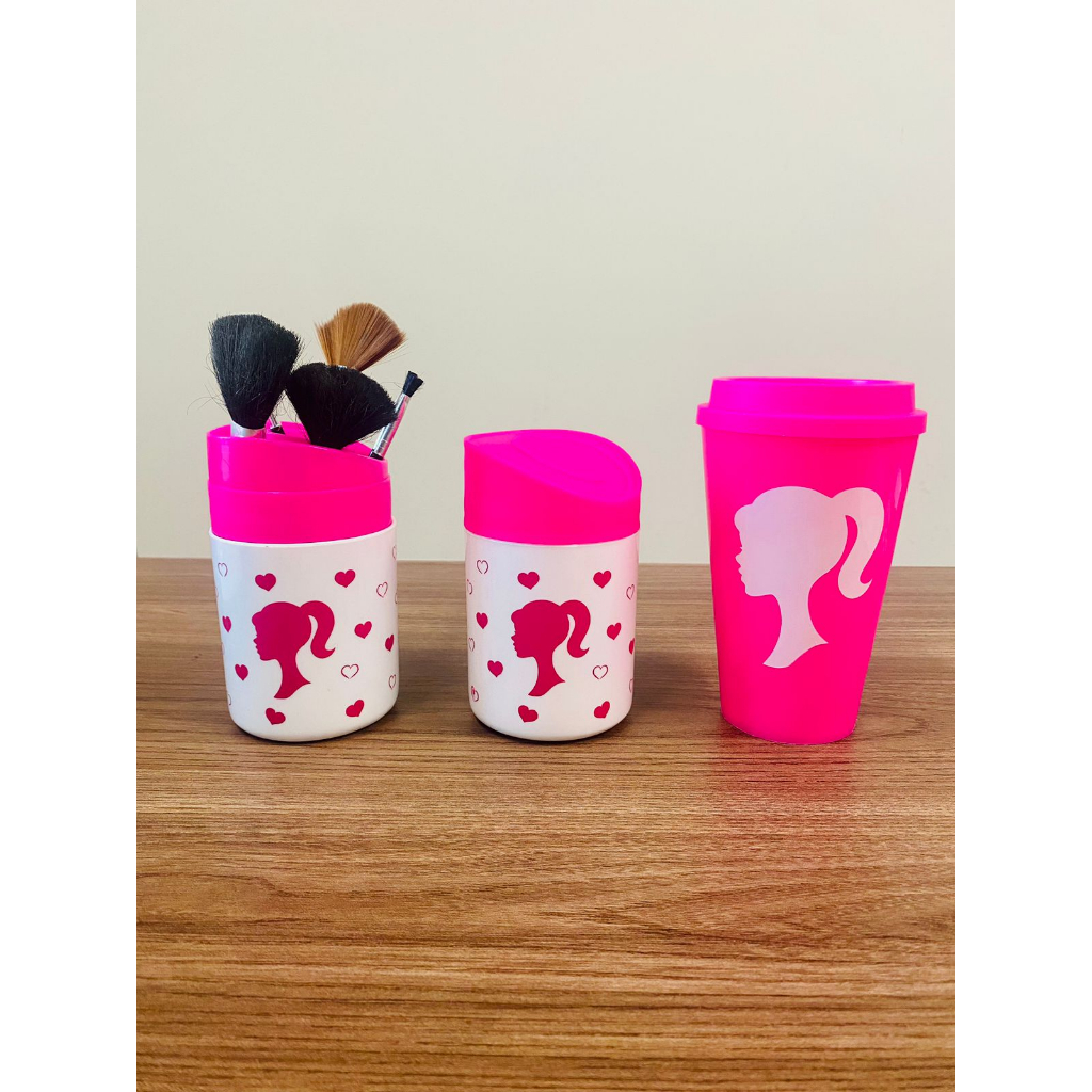 Kit Porta Pincel, Cotonete/Algodão + Copo Bucks Rosa