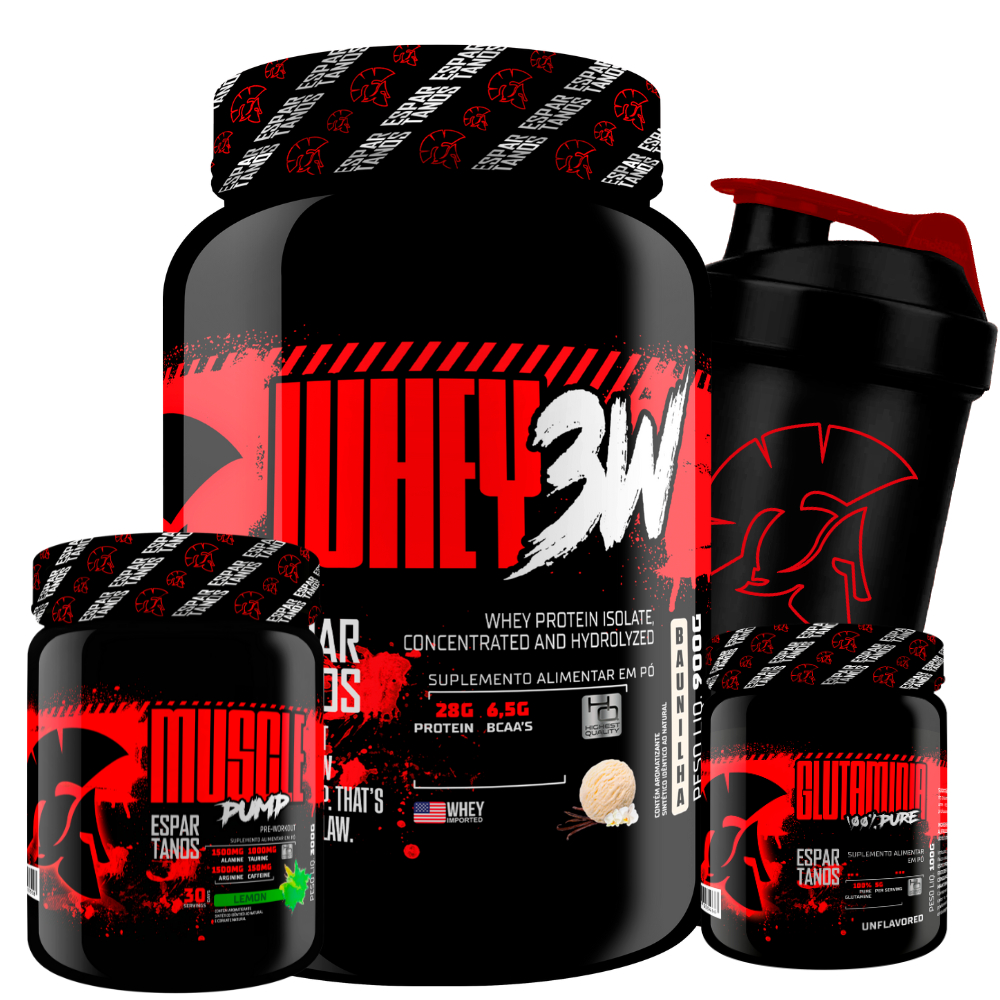 Kit Whey Protein 3W + Pré Treino + Glutamina + Shaker