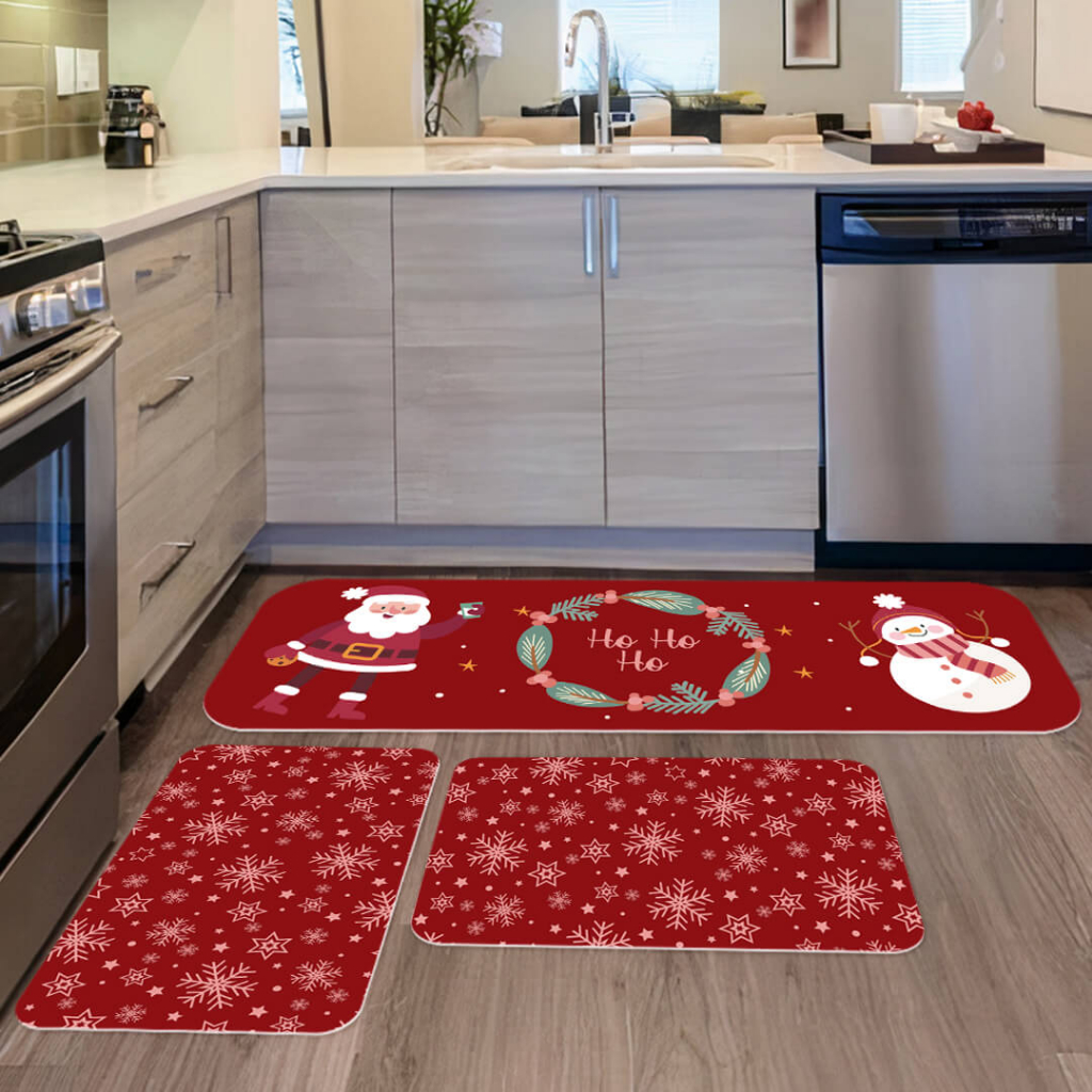 Kit Jogo 3 Peças de Tapete para Cozinha Natalino Flocos de Neve e Noel Dcorô ENVIO RÁPIDO!