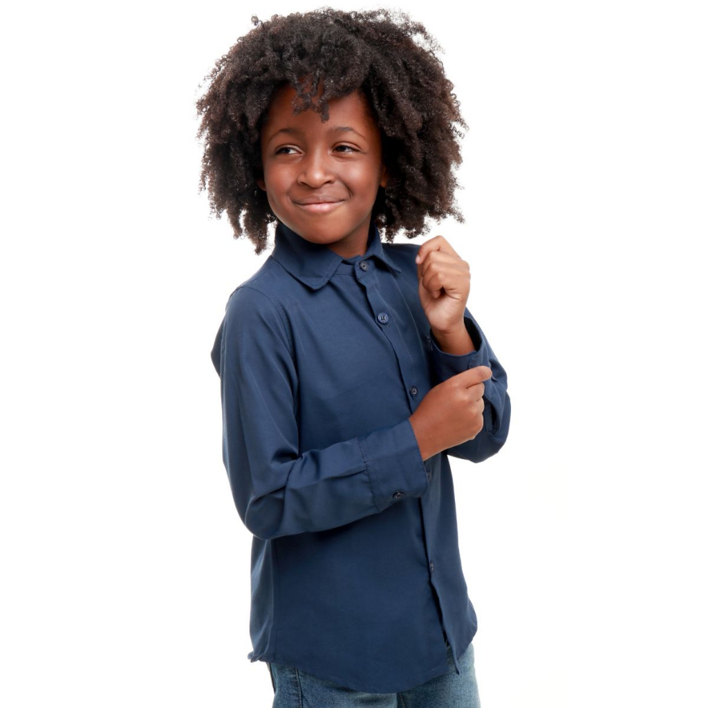 Camisa Social Infantil Manga Longa Azul Marinho Tamanho 1 Ao 16 em Oferta na Shopee