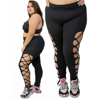 Calça Feminina Legging Grossa Cintura Alta Plus Size Zero Transparência Detalhe Leg Academia Curve