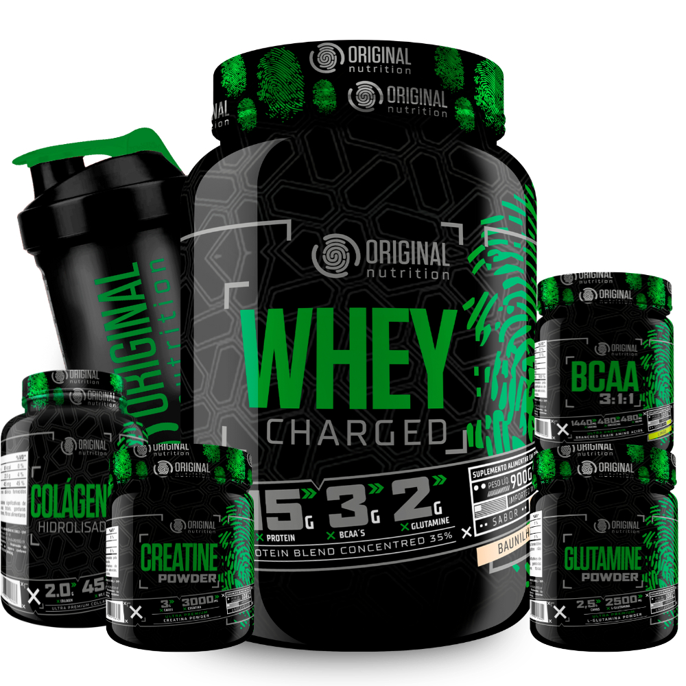 Kit Whey Protein Charged + Bcaa + Crea + Gluta + Colágeno + Shaker