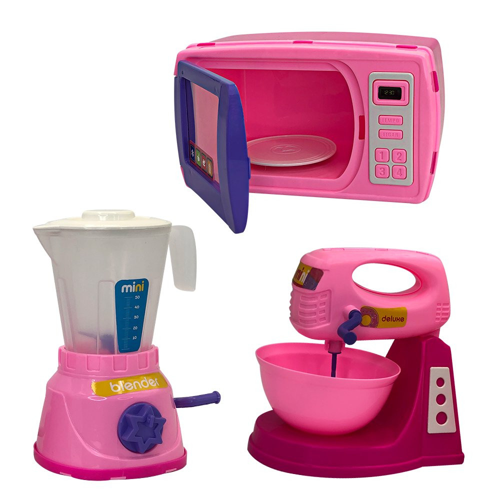 Brinquedo Infantil Kit Cozinha Mini Cafeteira Com Liquidificador, Batedeira e Micro-ondas Casinha De Boneca Cozinha Para Criança Menina Barbie Rosa