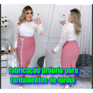 Vestido Manga de Tule Tubinho Plus Size Rosa Vestidos Evangélicos Social fardamentos