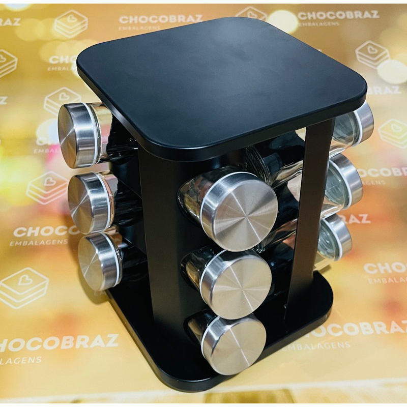 Porta Temperos Condimentos Com 12 Potes de vidro Giratório Inox PRETO cod FUY591 em Oferta na Shopee