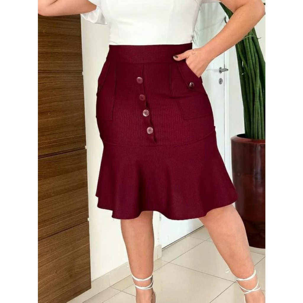 Saia Evangelica Leve Comprimento Midi Cintura Alta com bolsos Laterais Detalhe Botões Moda Cristã 036 — imagem 2 de 2
