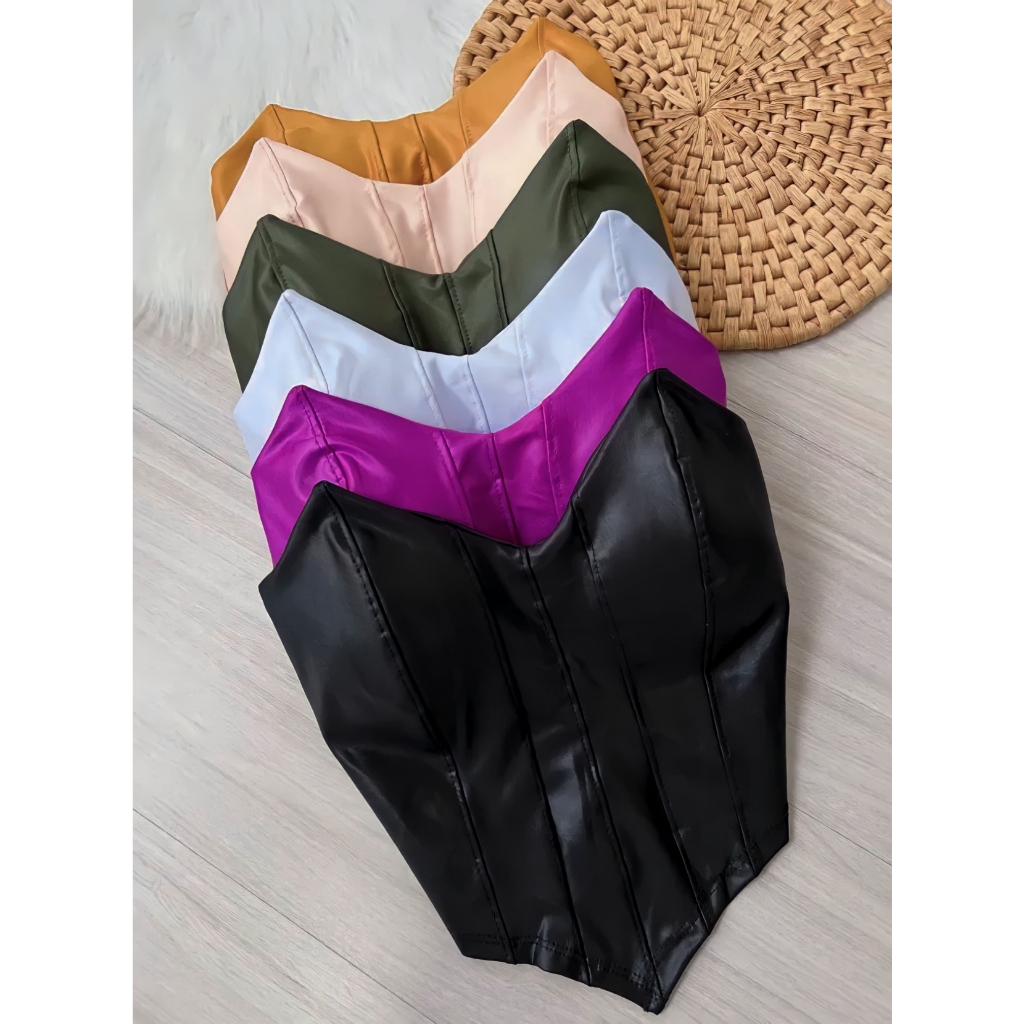 Cropped Feminino Morcego Preto Courino Couro Fake Corselet Crooped Top Tomara Que Caia Corset Com Bojo