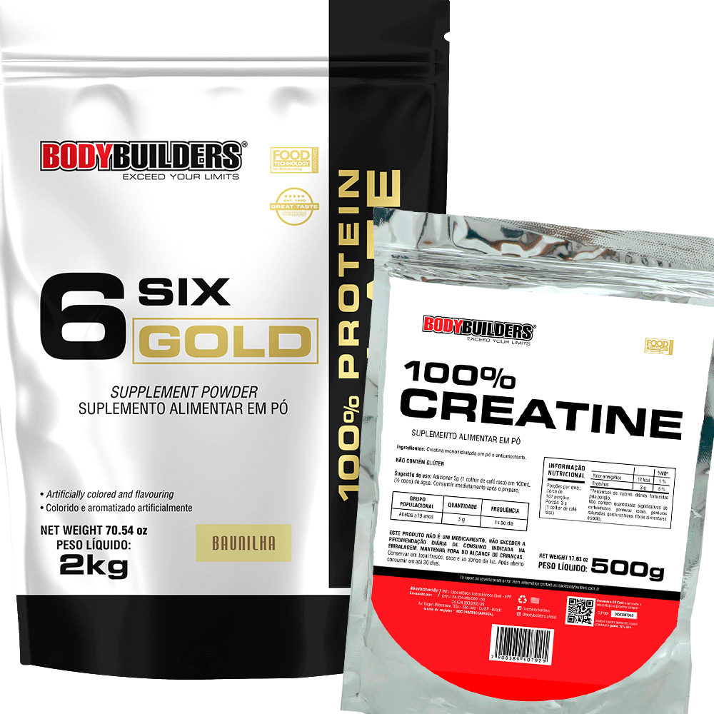 Kit Whey Protein Isolado Six Gold 2kg + Creatina 100% Pura 500g - Ganho de Massa Muscular Magra - Bodybuilders