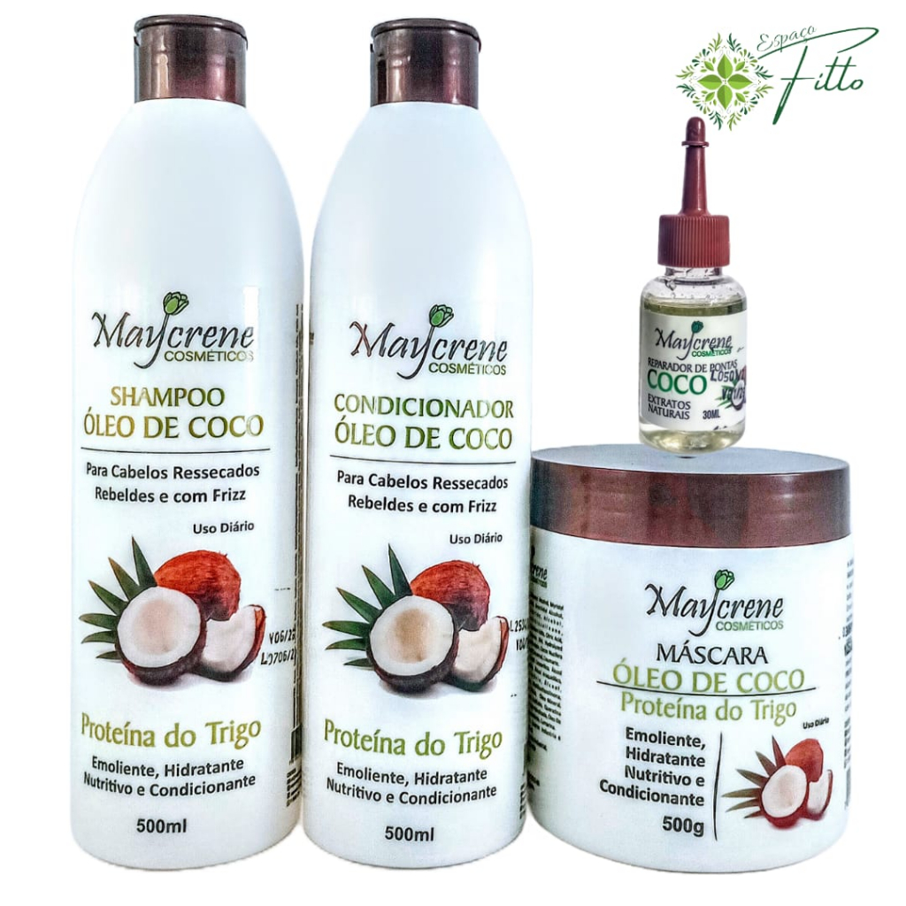 Kit Óleo De Coco Maycrene 3X500 Shampoo, Condicionador, Máscara, Óleo reparadora de pontas oleo de coco 30 ml