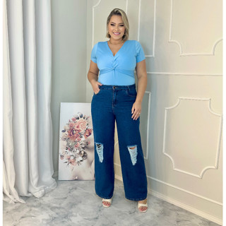 Wide Leg Plus size jeans lavagem escura rasgadinha moda