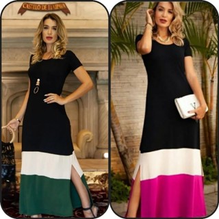 (03 ref.) Vestido longo feminino bicolor tamanho único e plussais gola casual manga curta em Oferta na Shopee