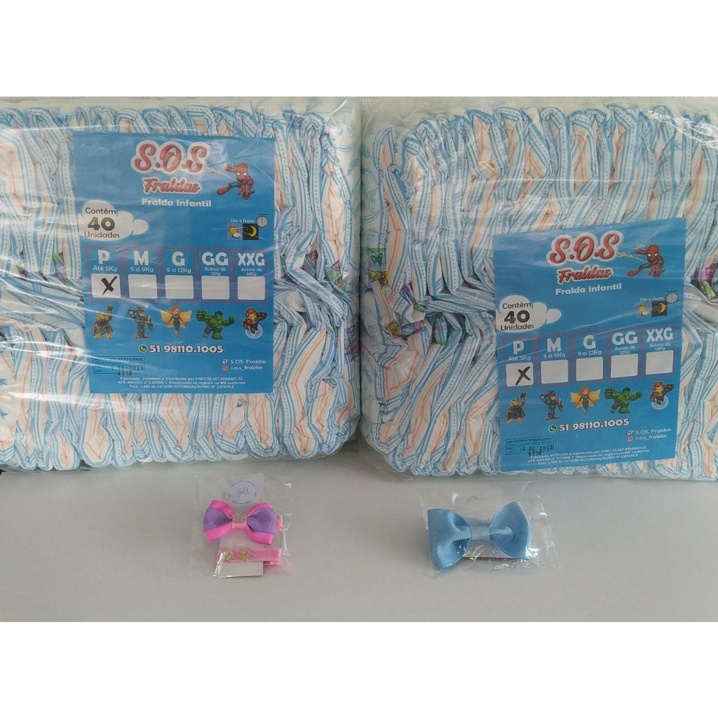 COMBO 2 Pacotões Fraldas Infantil ( P- 80 un/ M- 80 un/ G- 80 un/ GG- 76 un/ XXG- 72 un)  + Laços de Cabelo ou Gravatinha