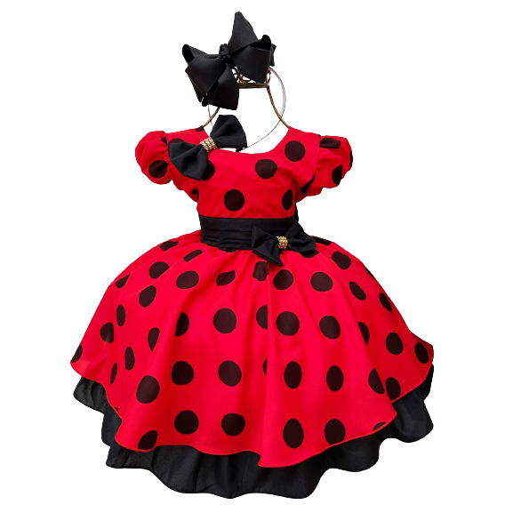 Vestido Festa Infantil Princesa Temático vermelho com bolas pretas Similar LadyBug Minnie