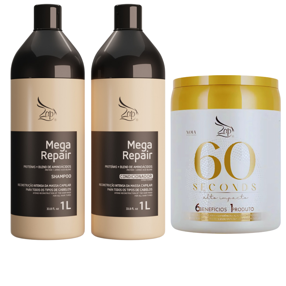 Zap Cosméticos Kit Shampoo e Condicionador Mega Repair + Máscara Alto Impacto 60 Segundos Reconstrução Da Fibra Capilar Sistema Hidratação Disciplinante Reduz Volume Cabelos Sedosos Da Raiz as Pontas Alisa e Relaxa