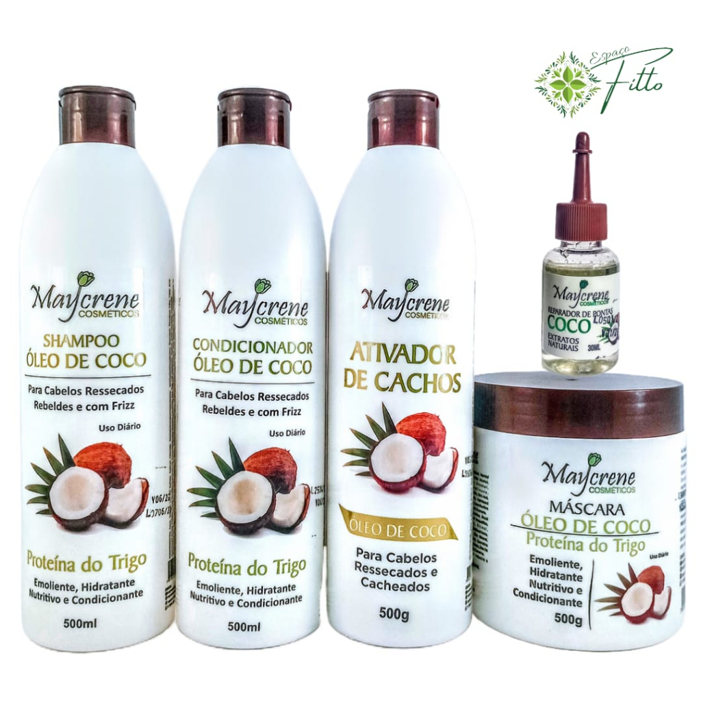 Kit Óleo de Coco Nutrição e hidratação Maycrene 5 produtos - Shampoo, Condicionador, Máscara e Óleo reparador de pontas oleo de coco 30ml