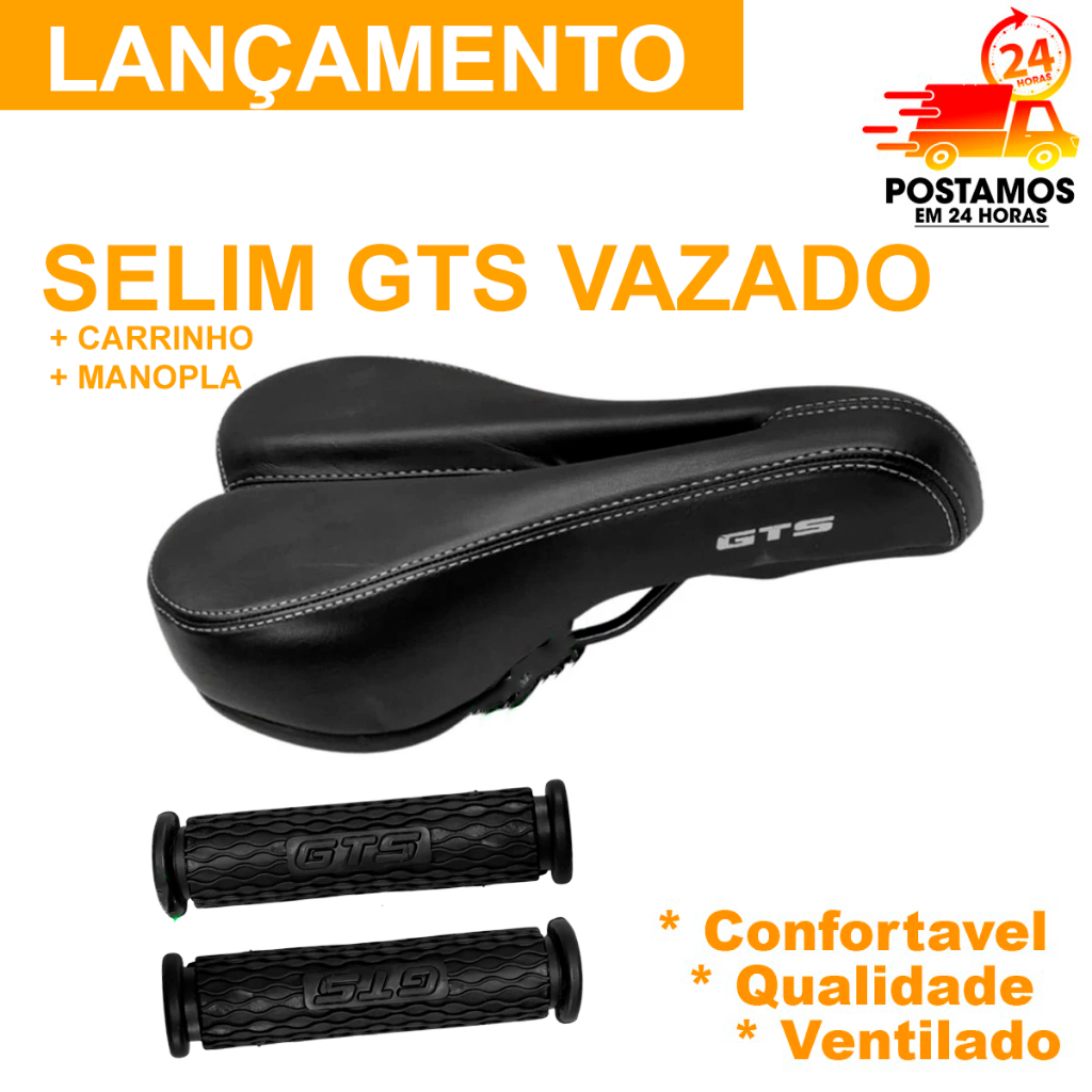 Selim GTS Vazado Preto NeoPreme com Manopla e Carrinho - Banco de Bicicleta com Manopla e Carrinho