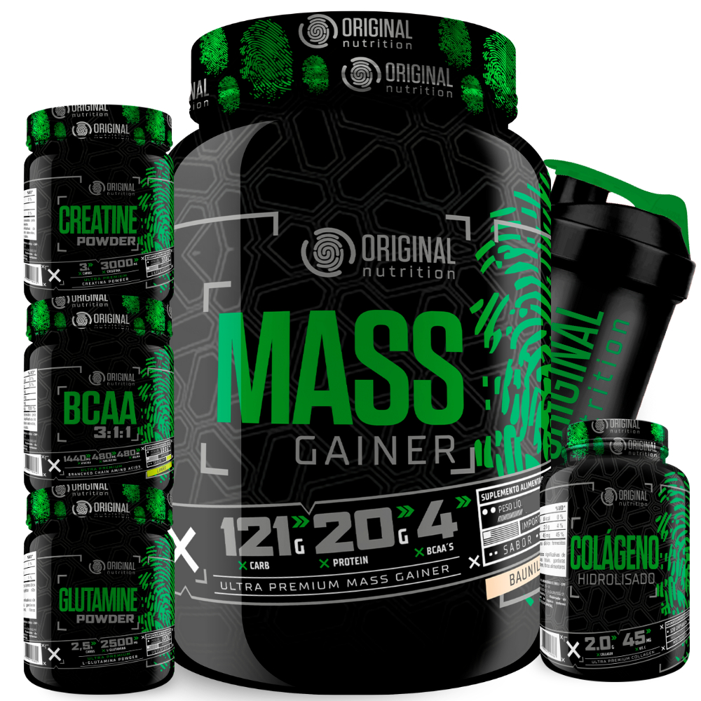 Kit Massa Hipercalórico MASS GAINER + BCAA + Creatina + Glutamina + Colágeno + Shaker - Original Nutrition