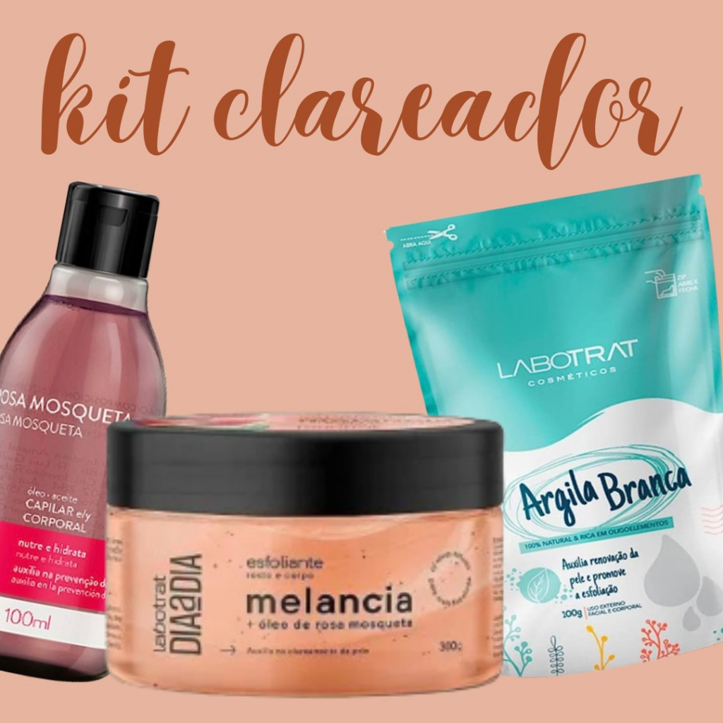 Kit Clareador Esfoliante Bisnaga Melancia + Óleo Rosa Mosqueta Farmax + Argila Branca Labotrat