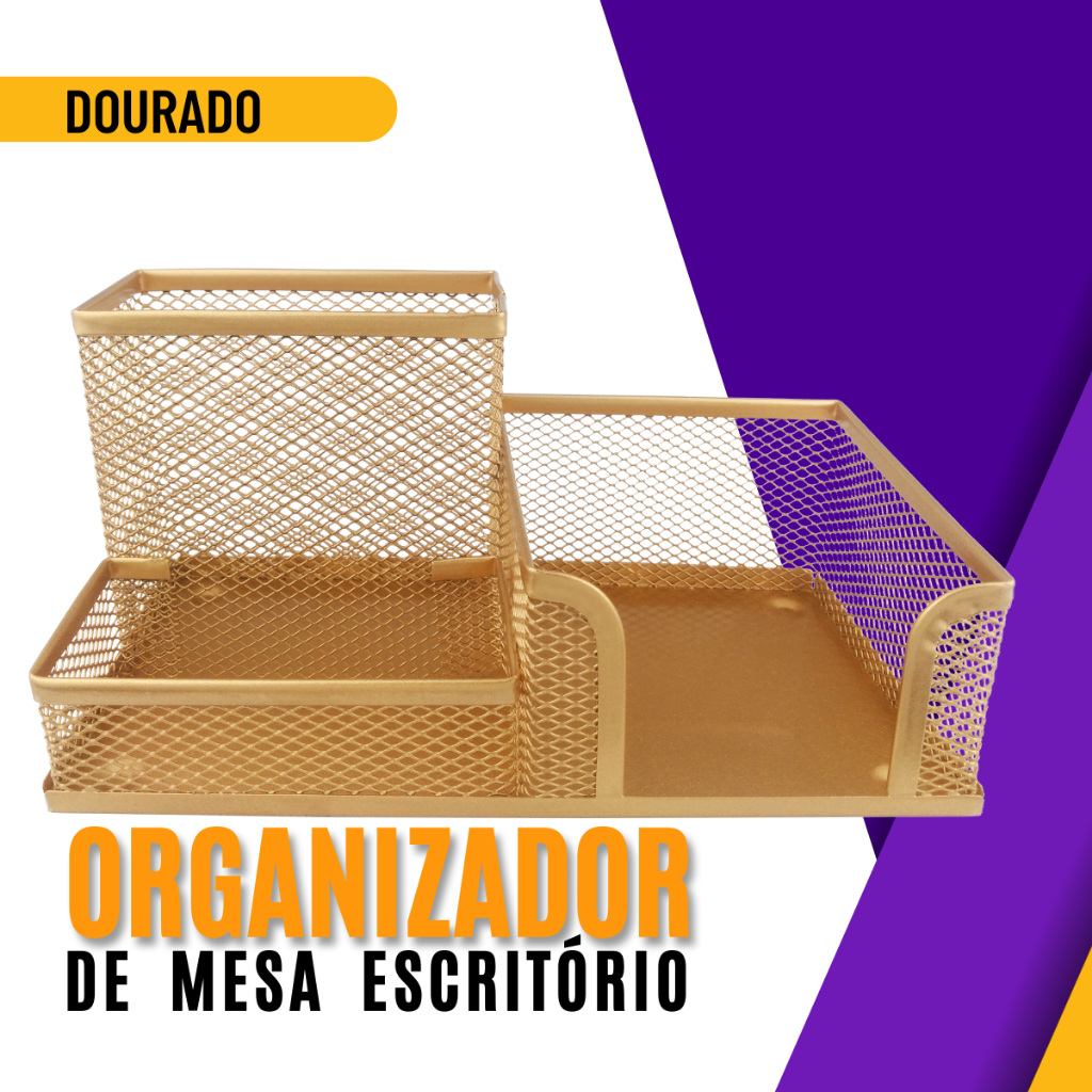 Kit Organizador de Mesa Escritório Porta Caneta Lapis Porta Treco 𝗗𝗼𝘂𝗿𝗮𝗱𝗼 𝗢𝘂𝗿𝗼 com 3 Partições em Oferta na Shopee