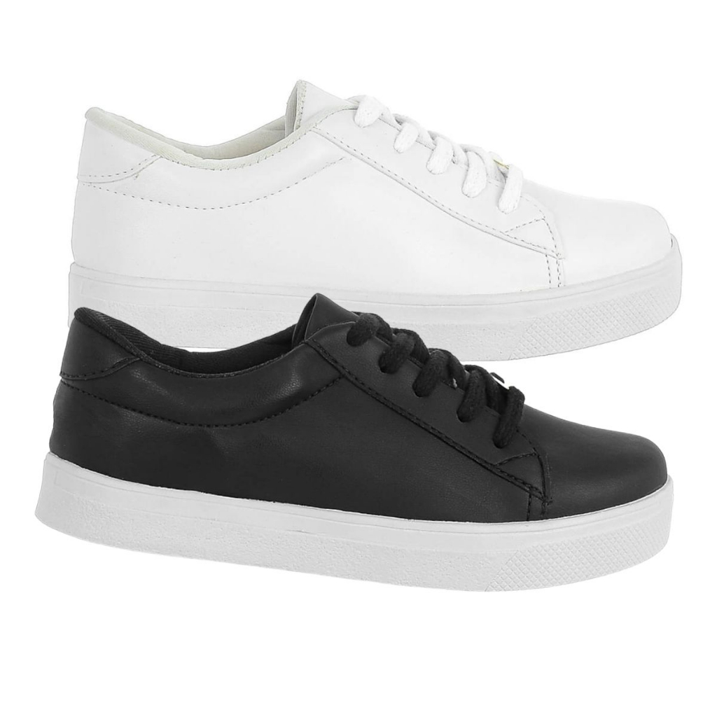Kit 2 Pares Tênis Feminino Preto e Branco Casual Flatform Via Angel Plataforma Confortavel 6601