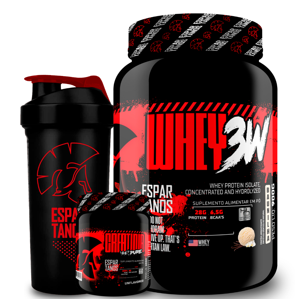 Kit Whey Protein 3W 900g + Creatina 100g + Coqueteleira - Espartanos