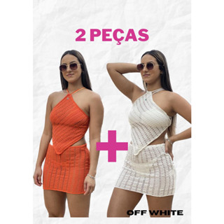 Conjunto praia de Tricô Top Cropped Tendência 2023 Moda Praia Verão Blogueira