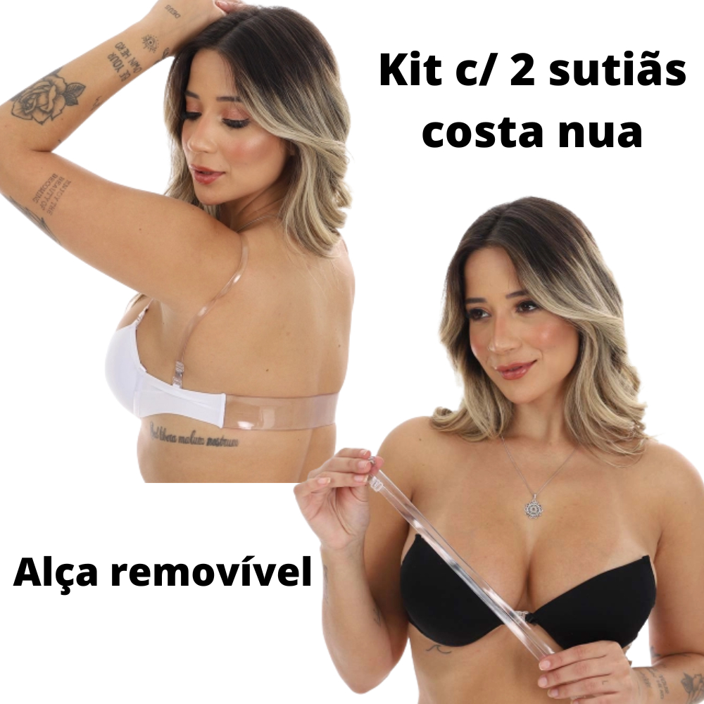 Kit 2 Sutiã Costa Nua Com Alça De Silicone Removível E Ajustável Preto Branco Com Bojo Soutien Sutian