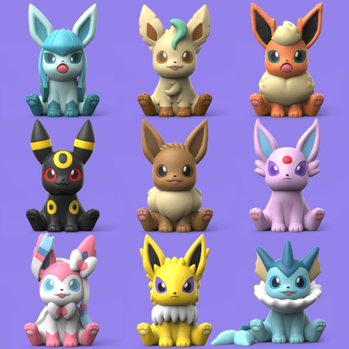 Eevee evoluções: Flareon, Jolteon, Vaporeon, Espeon, Umbreon, Leafeon, Glaceon, Sylveon e Eevee