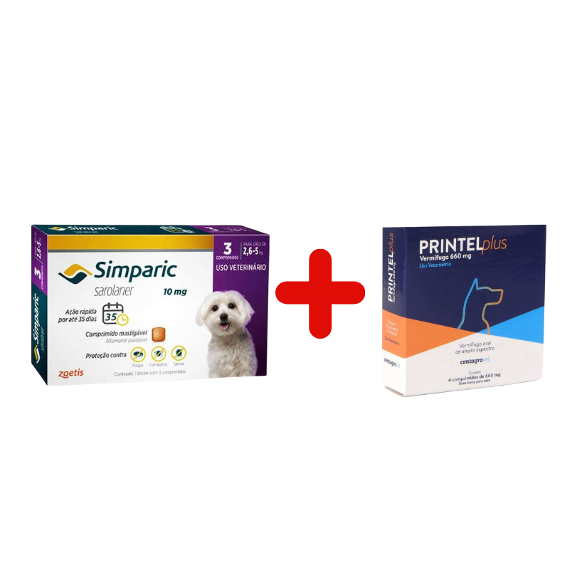 Kit Simparic Cães de 2,6 a 5kg 3 Comprimidos + Vermífugo Printel Plus 4 Comprimidos - Pets