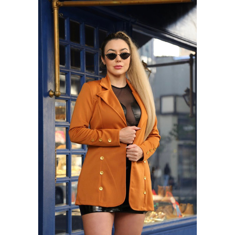Blazer Max Longo Detalhes Em Botões Casaco a Neoprene Terninho