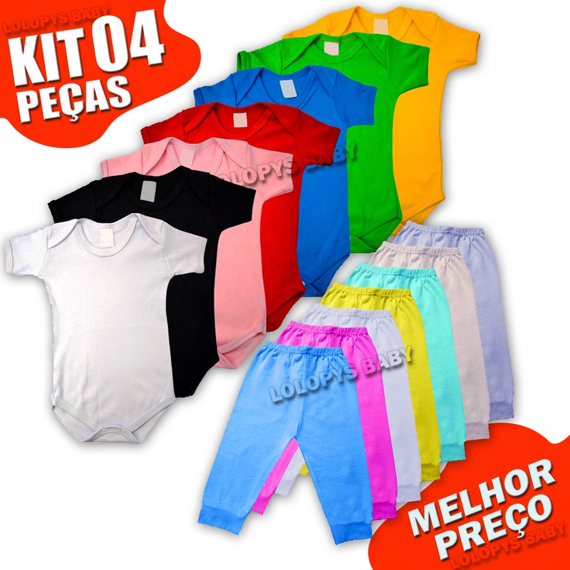 Kit bebe 4 peças -  Body bebe e Calça Mijão (Rn P M e G) em Oferta na Shopee