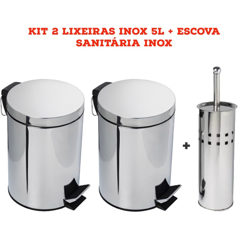 Lixeira Inoxidável + Escova sanitária - Kit 2 lixeiras inox + escova sanitária - Lixeira de banheiro e cozinha - Lixeira para escritorio - Lixeira aço inox - Lixeira Cromada