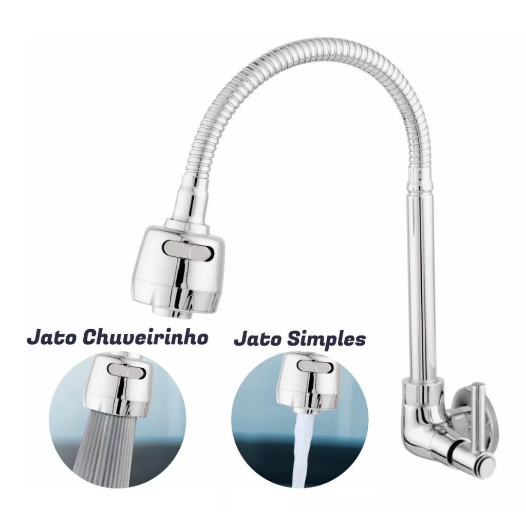 Torneira Gourmet Cozinha Parede Flexível 2 Jatos 360° Cromada Metal 1/4 Volta C72 — imagem 2 de 2