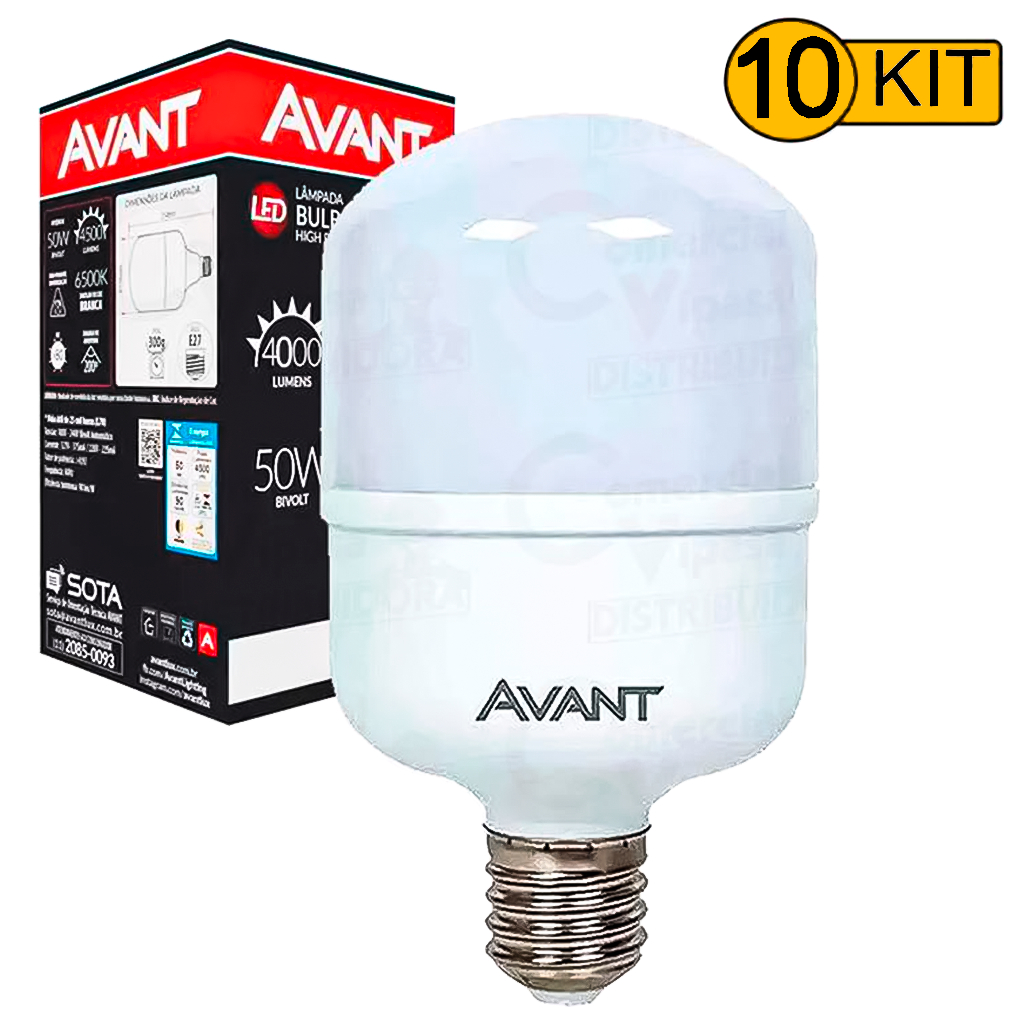 Kit Jogo 10 Lâmpadas Led Modelo Bulbo E27 50W Branco Frio Bivolt Normatizada 650