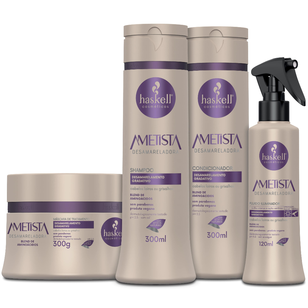 Shampoo, Condicionador, Mascara e Fluido Ametista 300ml Haskell kit Desamarelador
