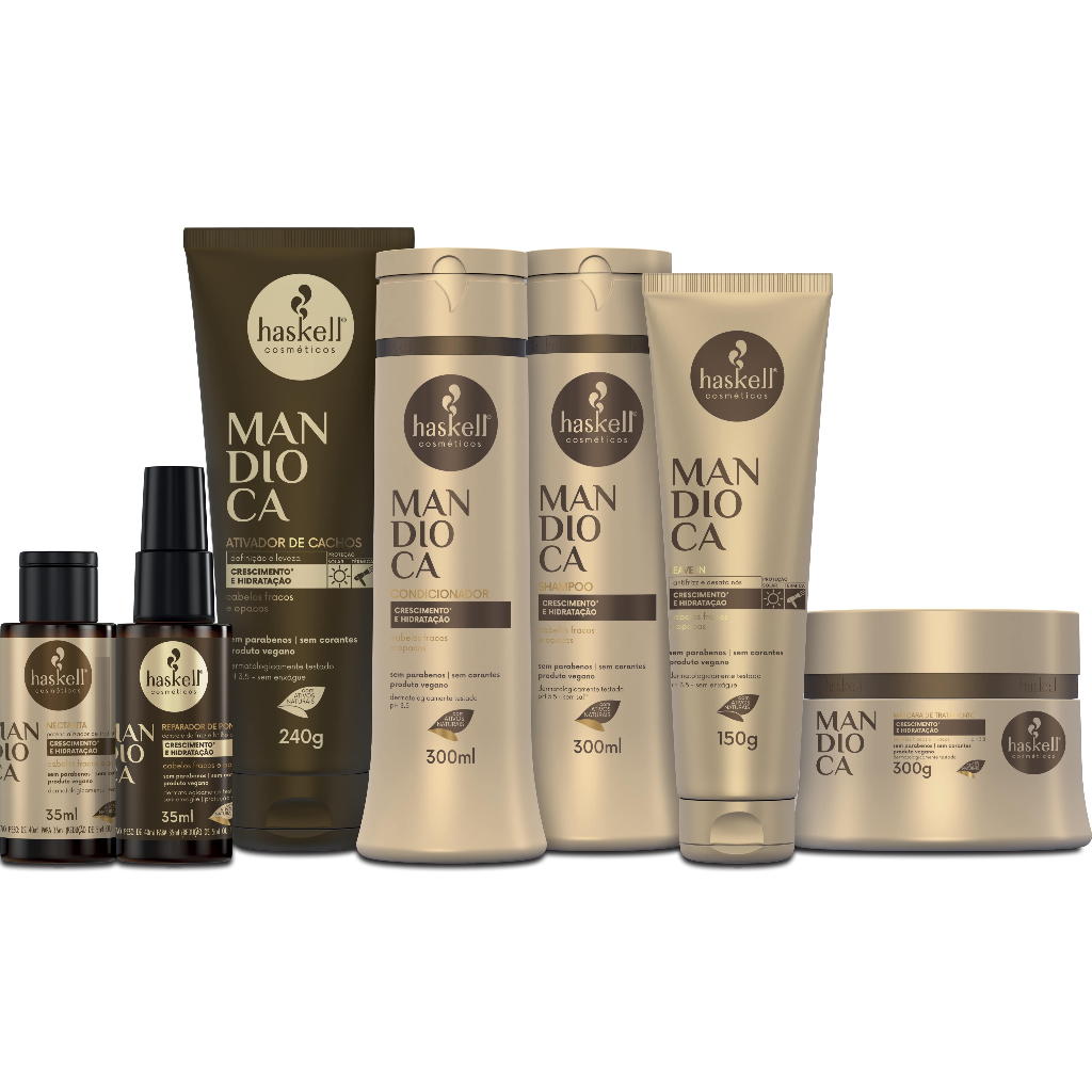 Sh, Cond, Masc, Leave In, Ativador, Reparador e Nectavita 300ml Mandioca Haskell Kit 7 produtos